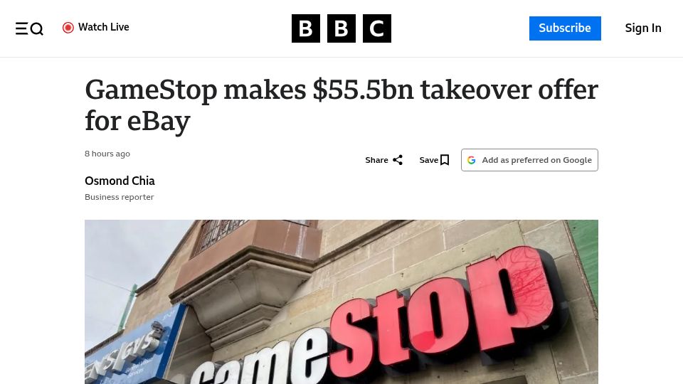 Screenshot of bbc.co.uk: GameStop makes $55.5B takeover offer for eBay