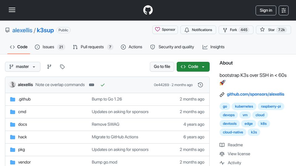 Screenshot of github.com: K3sup – bootstrap K3s over SSH in < 60s