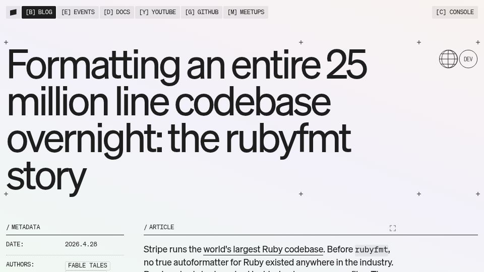 Screenshot of stripe.dev: Formatting a 25M-line codebase overnight