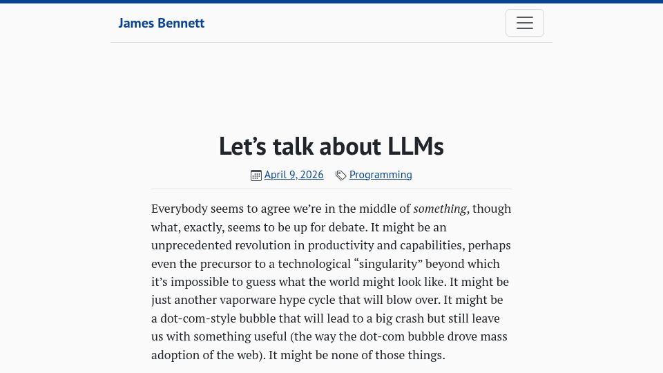 Screenshot of b-list.org: Let's talk about LLMs