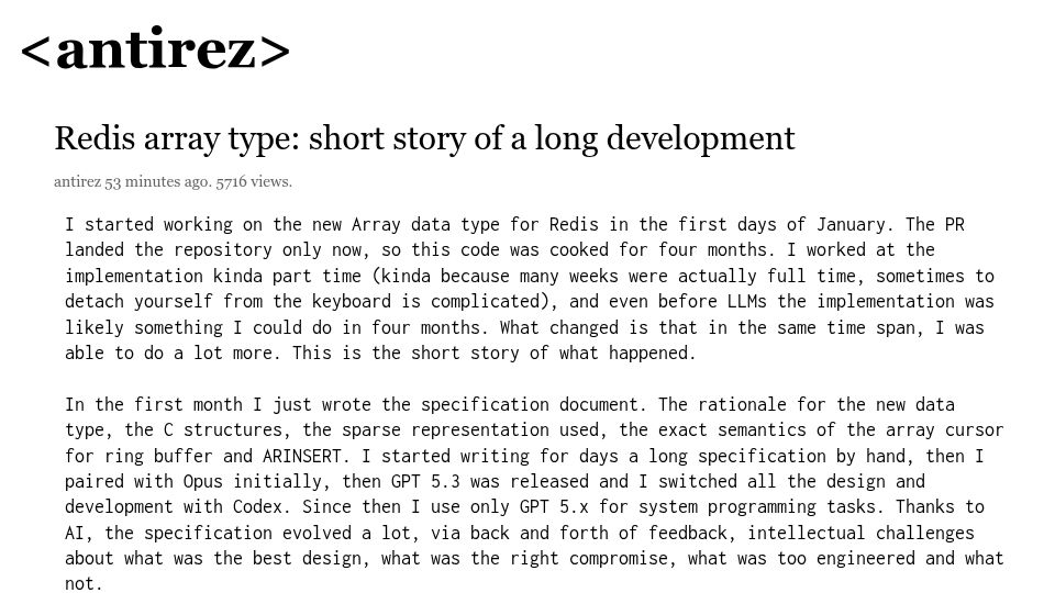 Screenshot of antirez.com: Redis array: short story of a long development process
