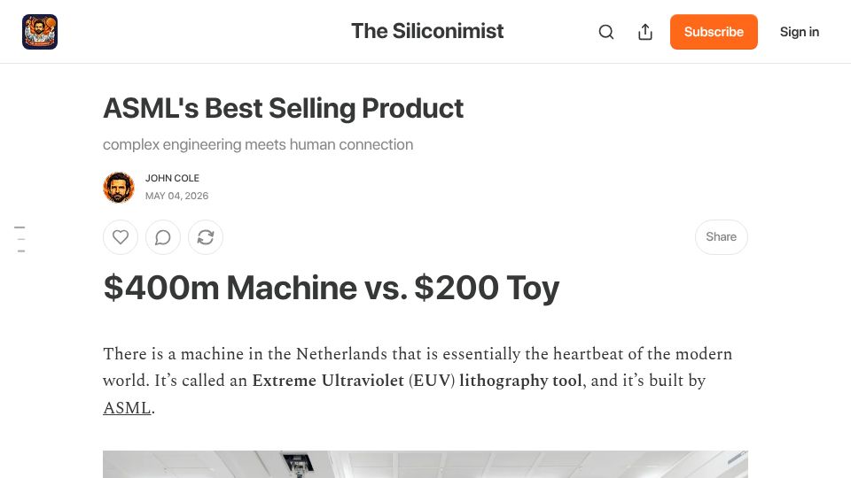 Screenshot of siliconimist.com: ASML's Best Selling Product Isn't What You Think It Is