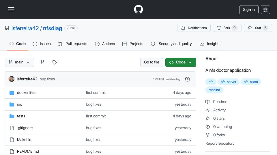 Screenshot of github.com: Show HN: nfsdiag – A NFS diagnostic application