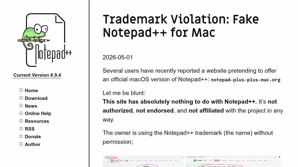 Screenshot of notepad-plus-plus.org: Trademark violation: Fake Notepad++ for Mac