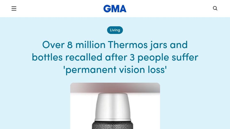 Screenshot of goodmorningamerica.com: Over 8M Thermos jars and bottles recalled after 3 people lost vision