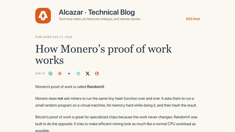 Screenshot of blog.alcazarsec.com: How Monero’s proof of work works