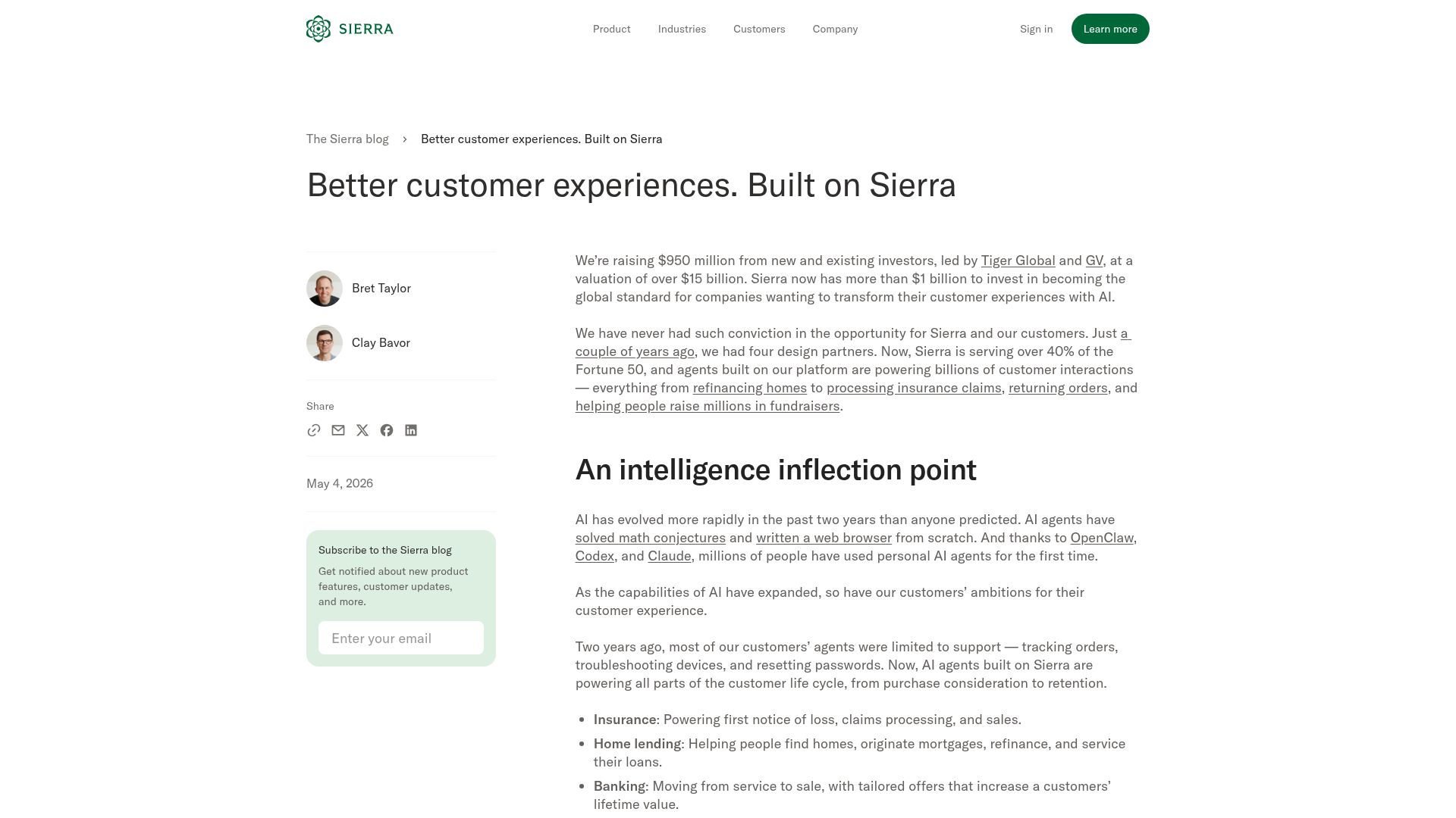 Screenshot of sierra.ai: Sierra Raises $950M at $15B Valuation