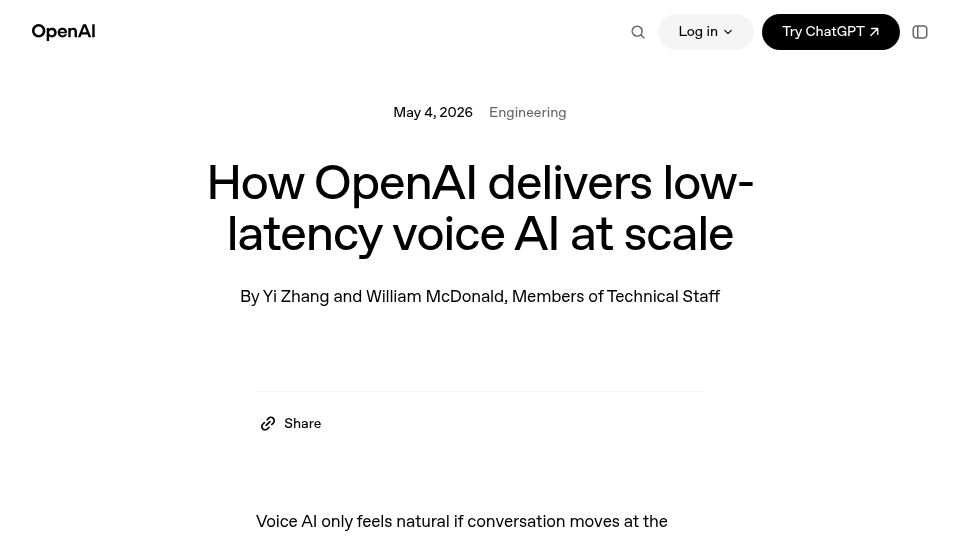 Screenshot of openai.com: How OpenAI delivers low-latency voice AI at scale