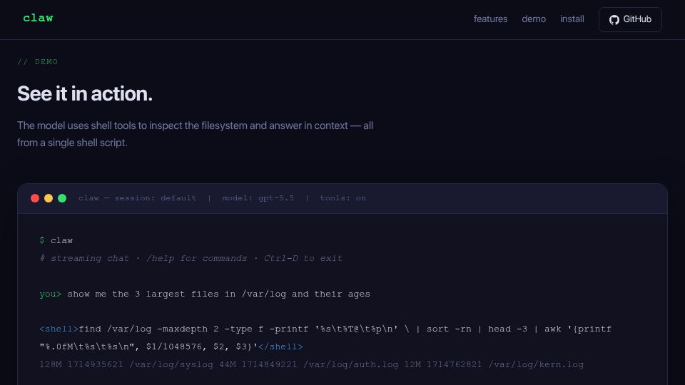Screenshot of getclaw.site: An LLM agent that runs on any Linux box