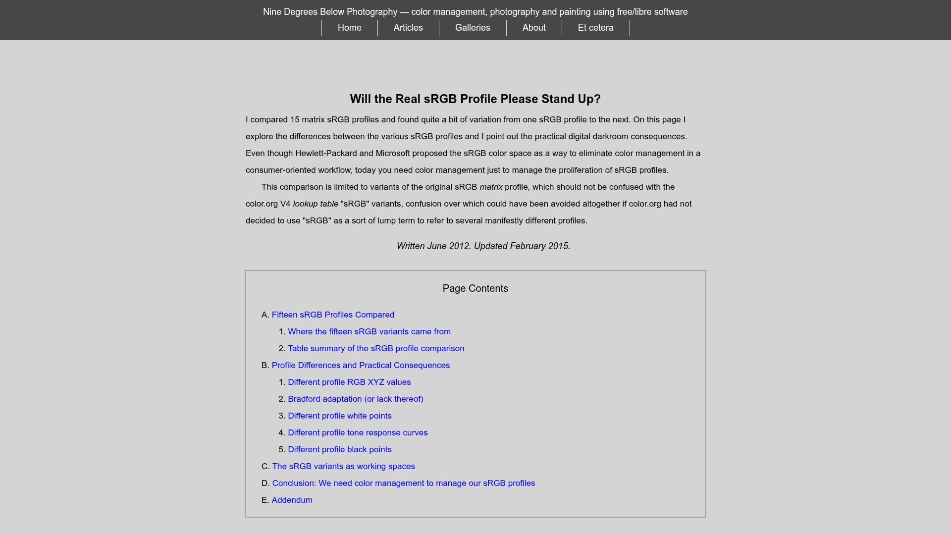 Screenshot of ninedegreesbelow.com: sRGB profile comparison