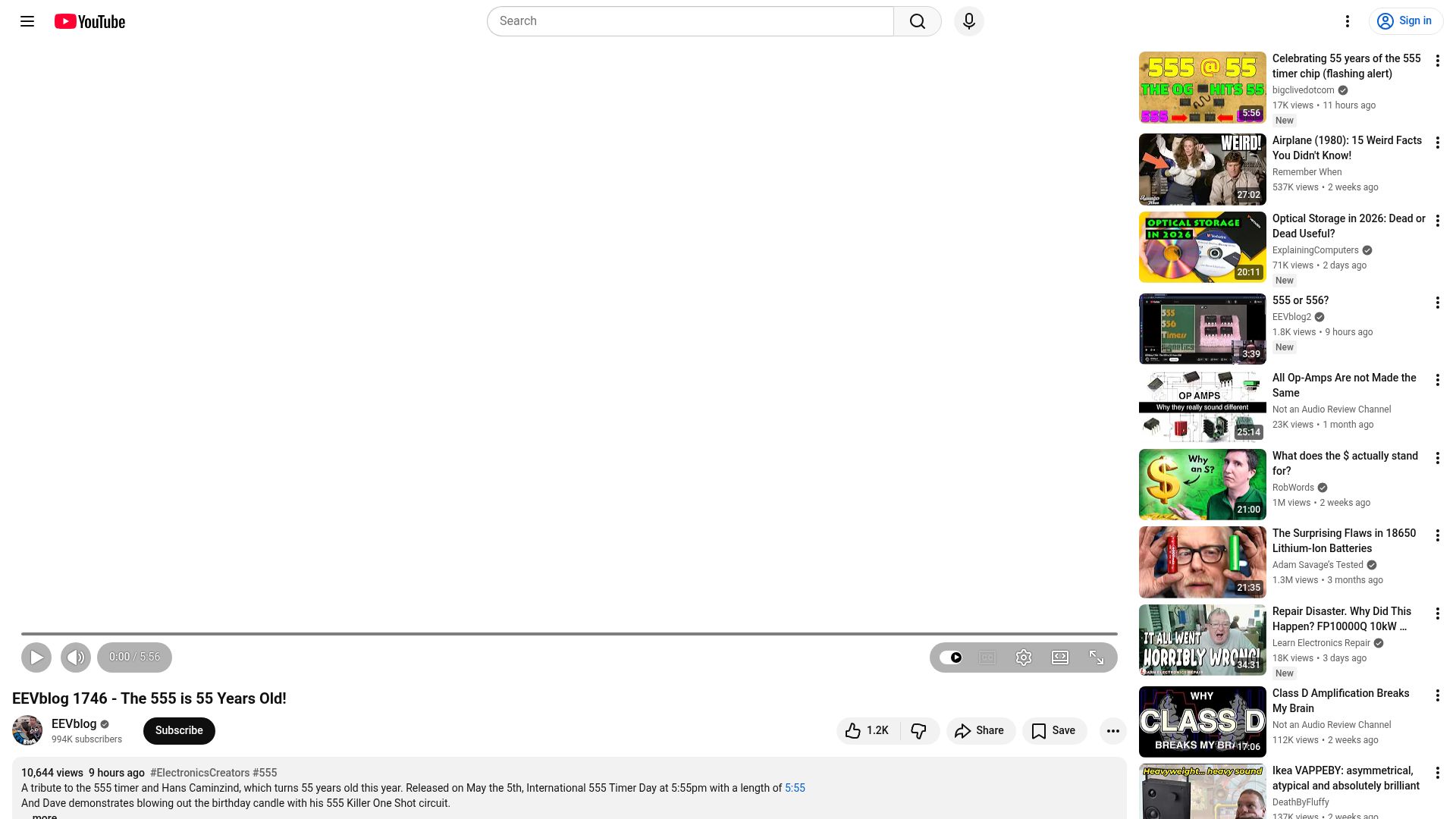 Screenshot of youtube.com: EEVblog: The 555 Timer is 55 years old [video]