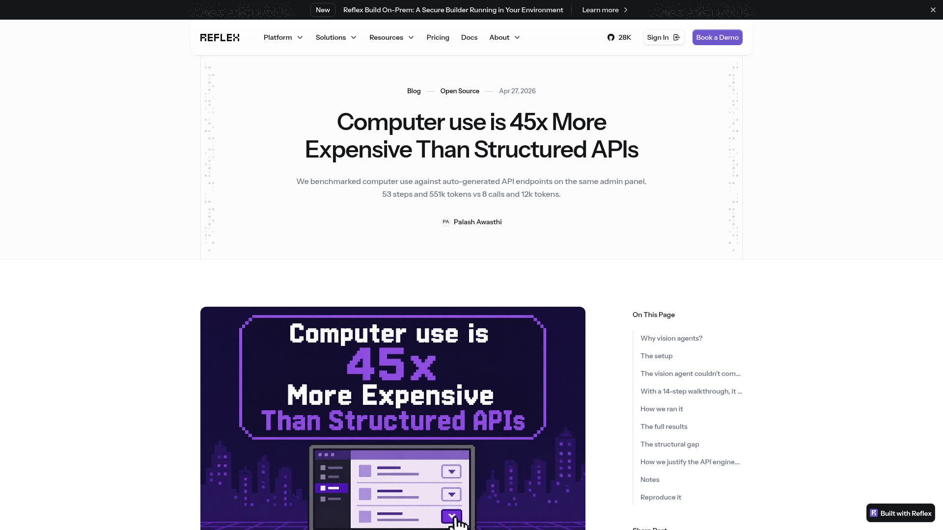 Screenshot of reflex.dev: Computer Use is 45x more expensive than structured APIs