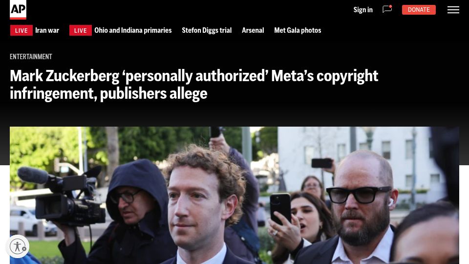 Screenshot of apnews.com: Zuckerberg 'personally authorized' Meta's copyright infringement, publishers say