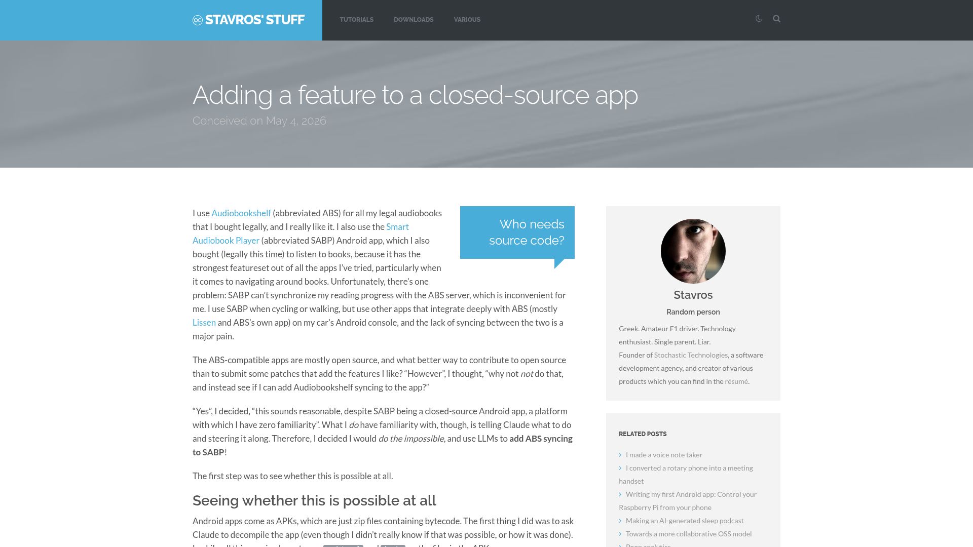 Screenshot of stavros.io: Adding a feature to a closed-source app