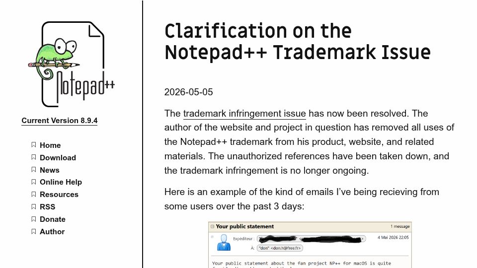 Screenshot of notepad-plus-plus.org: Clarification on the Notepad++ Trademark Issue