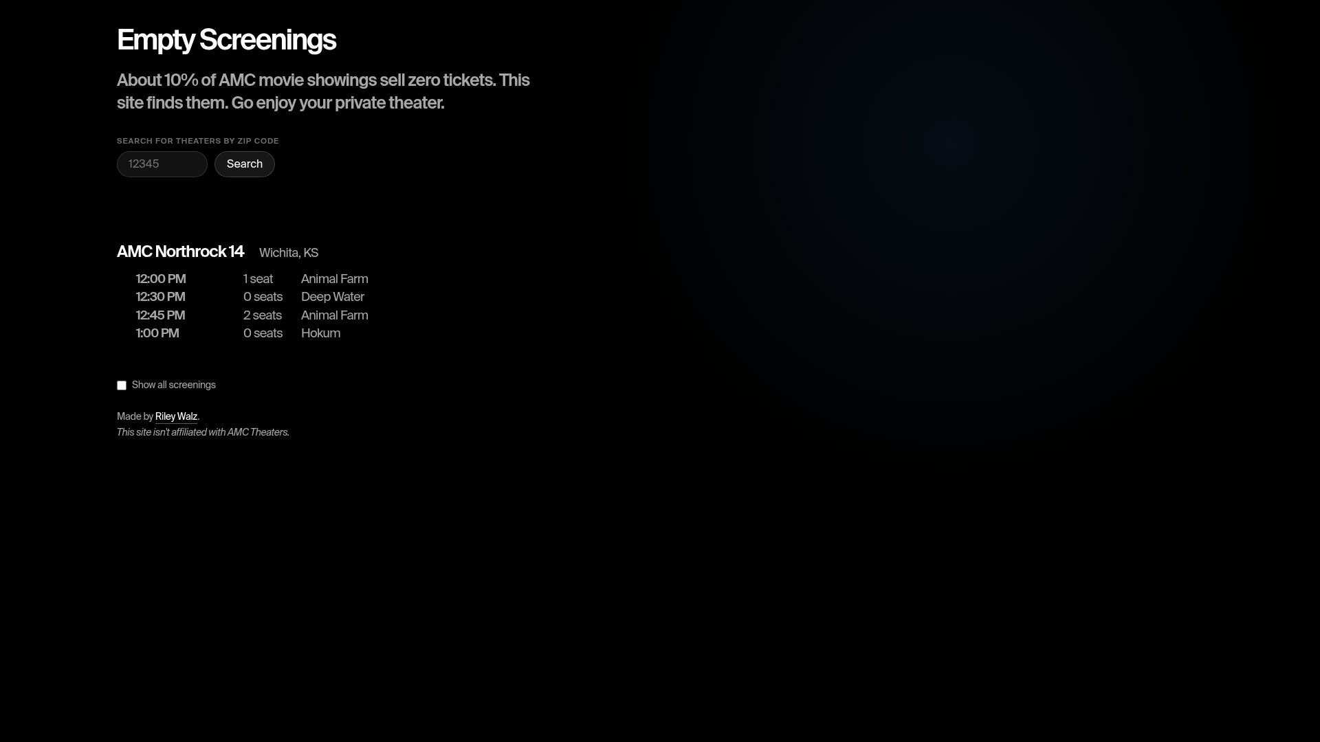 Screenshot of walzr.com: Empty Screenings – Finds AMC movie screenings with few or no tickets sold