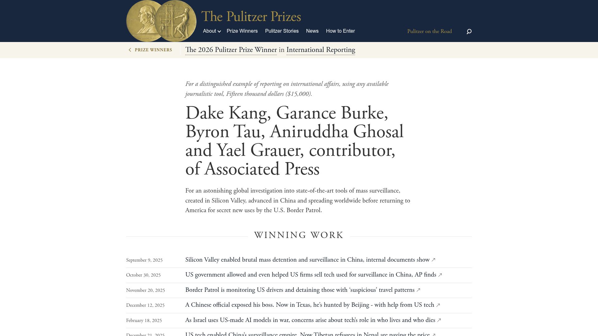 Screenshot of pulitzer.org: Pulitzer Prize Winner in International Reporting