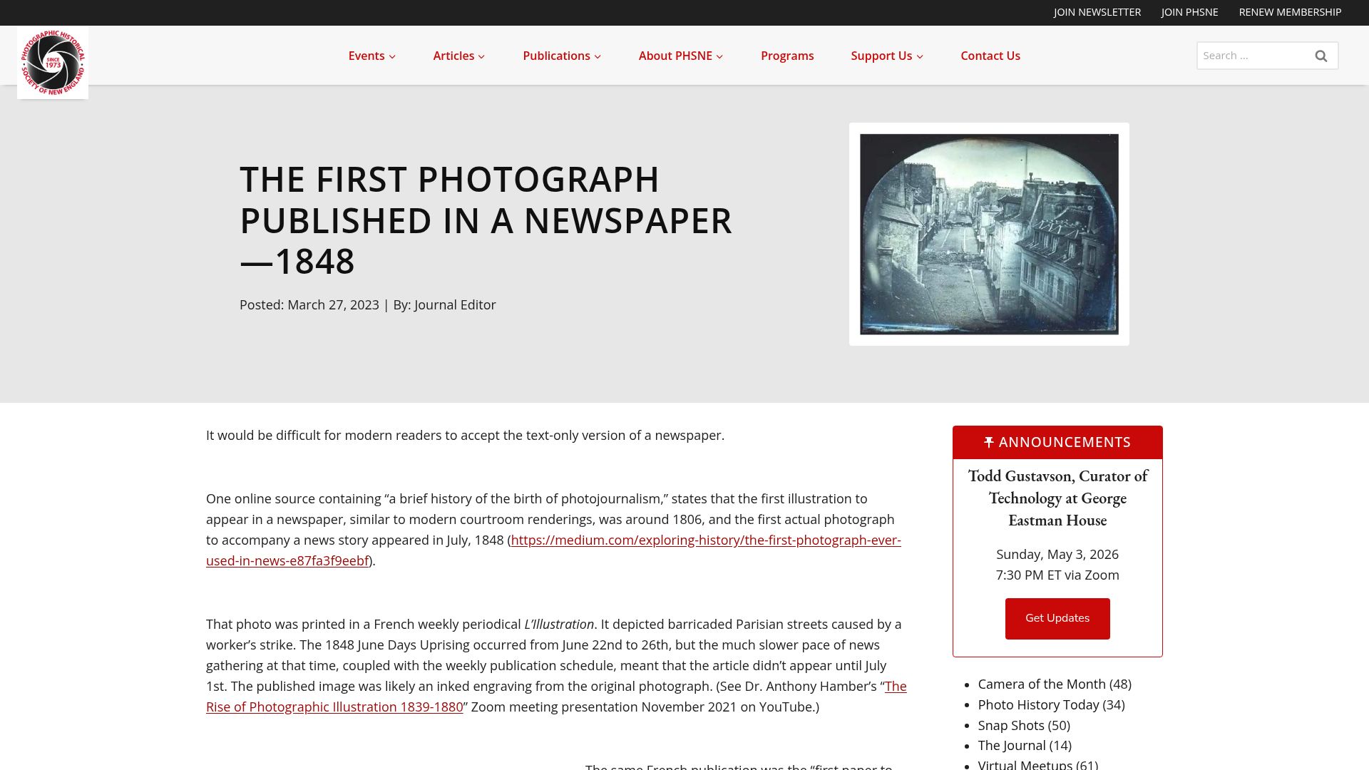 Screenshot of phsne.org: The first photo published in a newspaper, in 1848 (2023)
