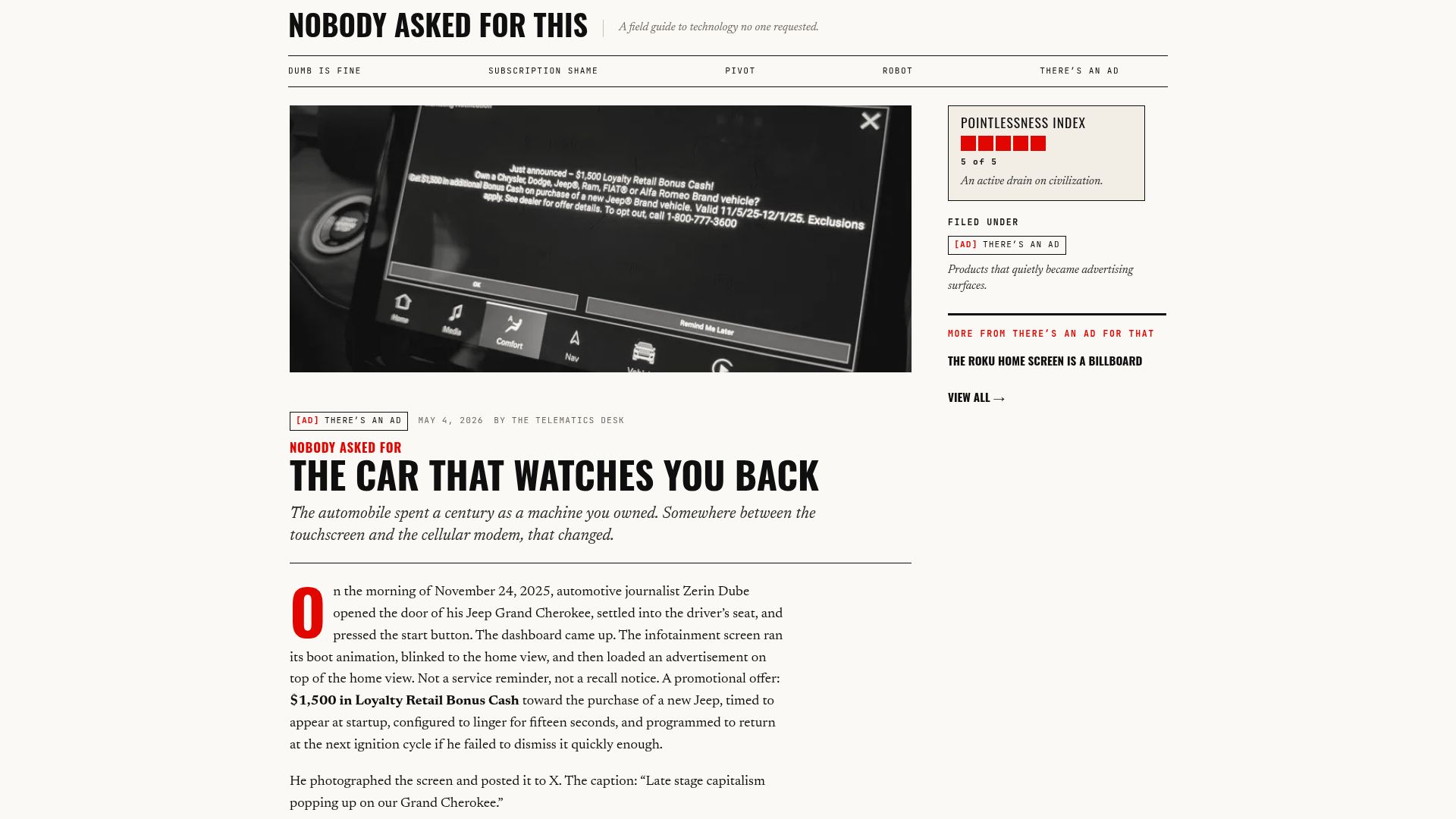 Screenshot of nobodyaskedforthis.lol: The Car That Watches You Back: The Advertising Infrastructure of Modern Cars