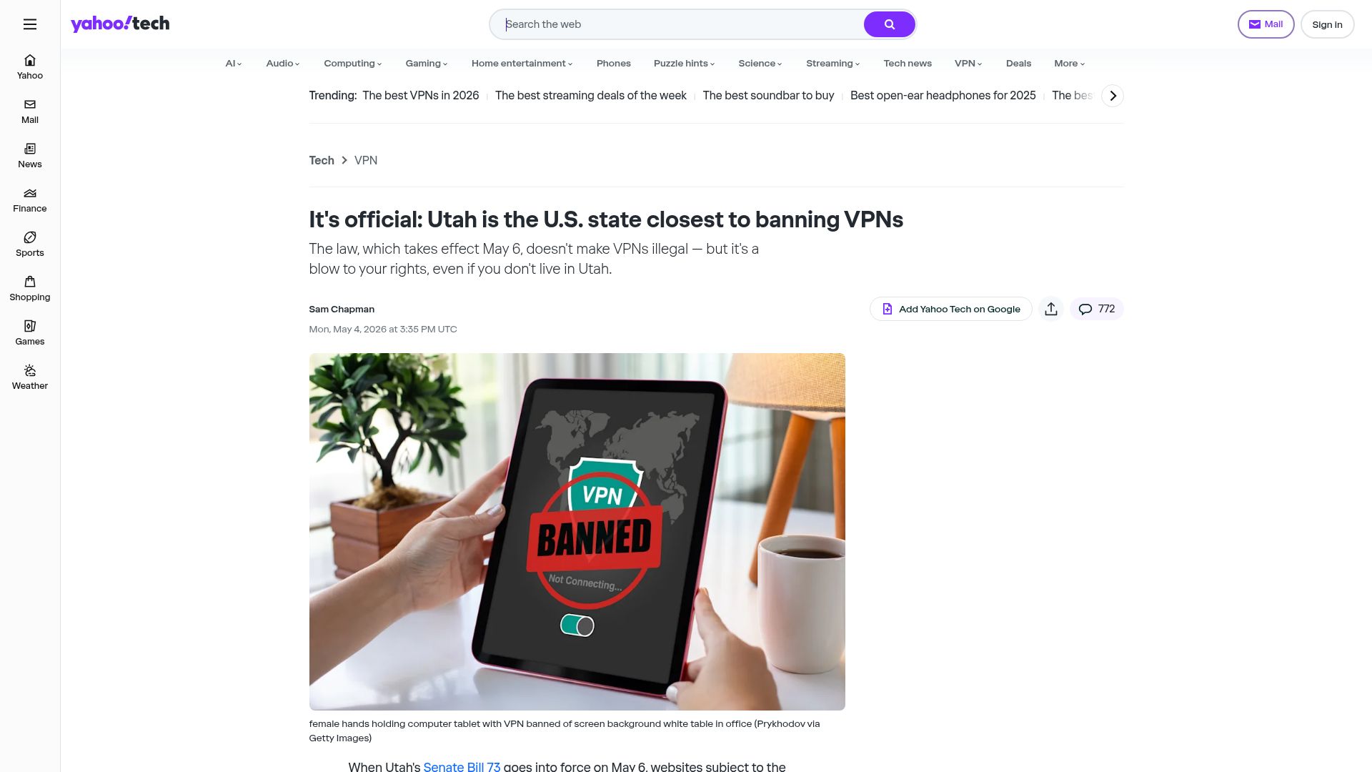 Screenshot of tech.yahoo.com: It's official: Utah is the U.S. state closest to banning VPNs