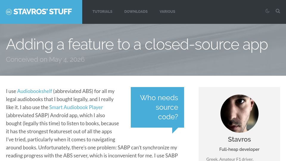 Screenshot of stavros.io: Adding a feature to a closed-source app
