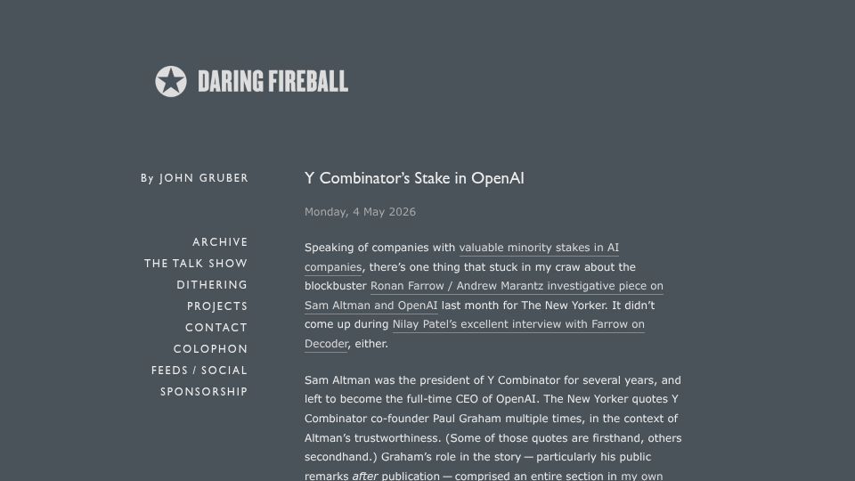 Screenshot of daringfireball.net: Y Combinator's Stake in OpenAI (0.6%?)