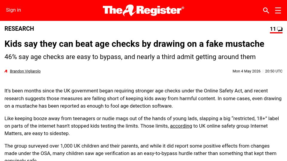 Screenshot of theregister.com: Kids bypass age verification with fake moustaches