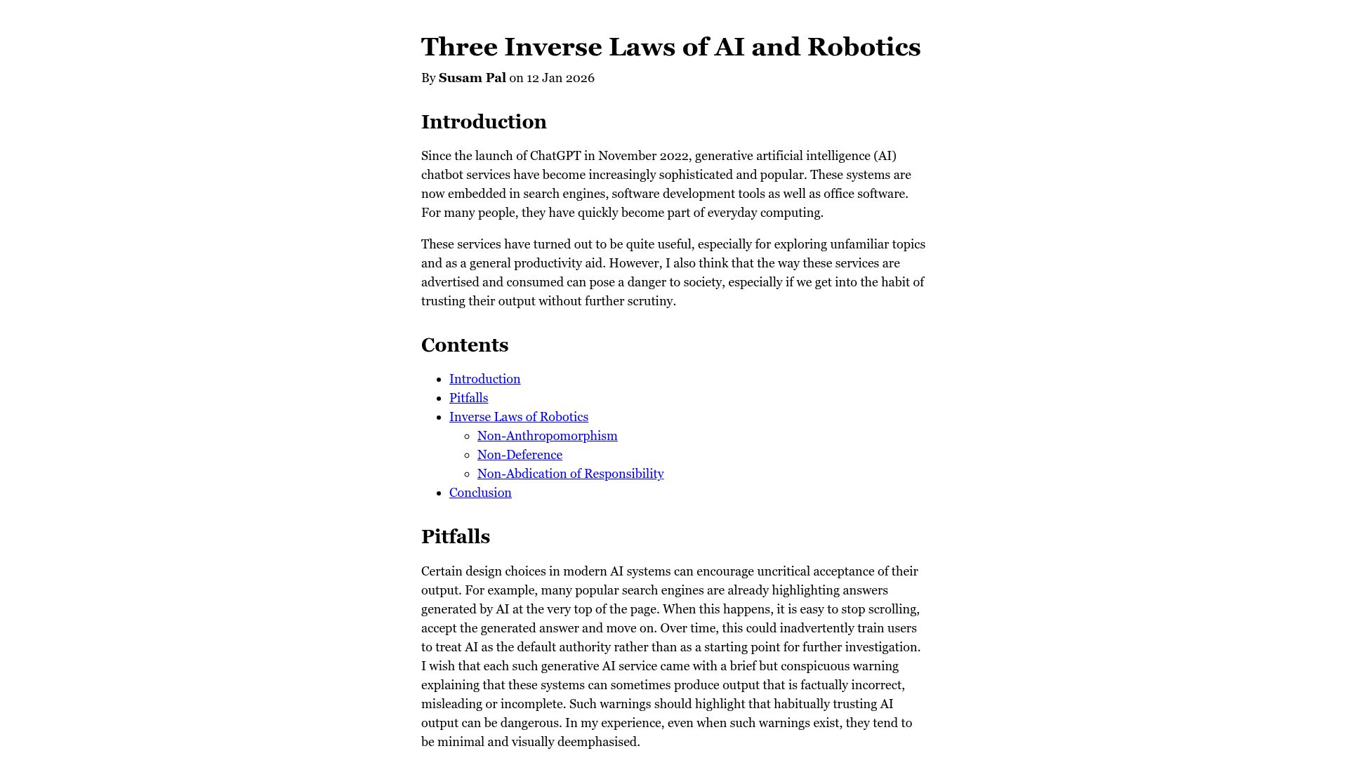 Screenshot of susam.net: Three Inverse Laws of AI