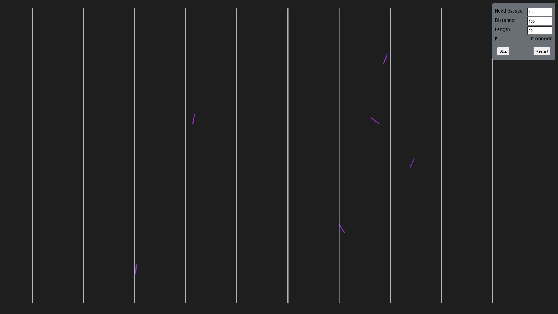 Screenshot of ivanludvig.dev: Buffon's needle problem visualized