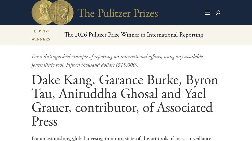 Screenshot of pulitzer.org: Pulitzer Prize Winner in International Reporting
