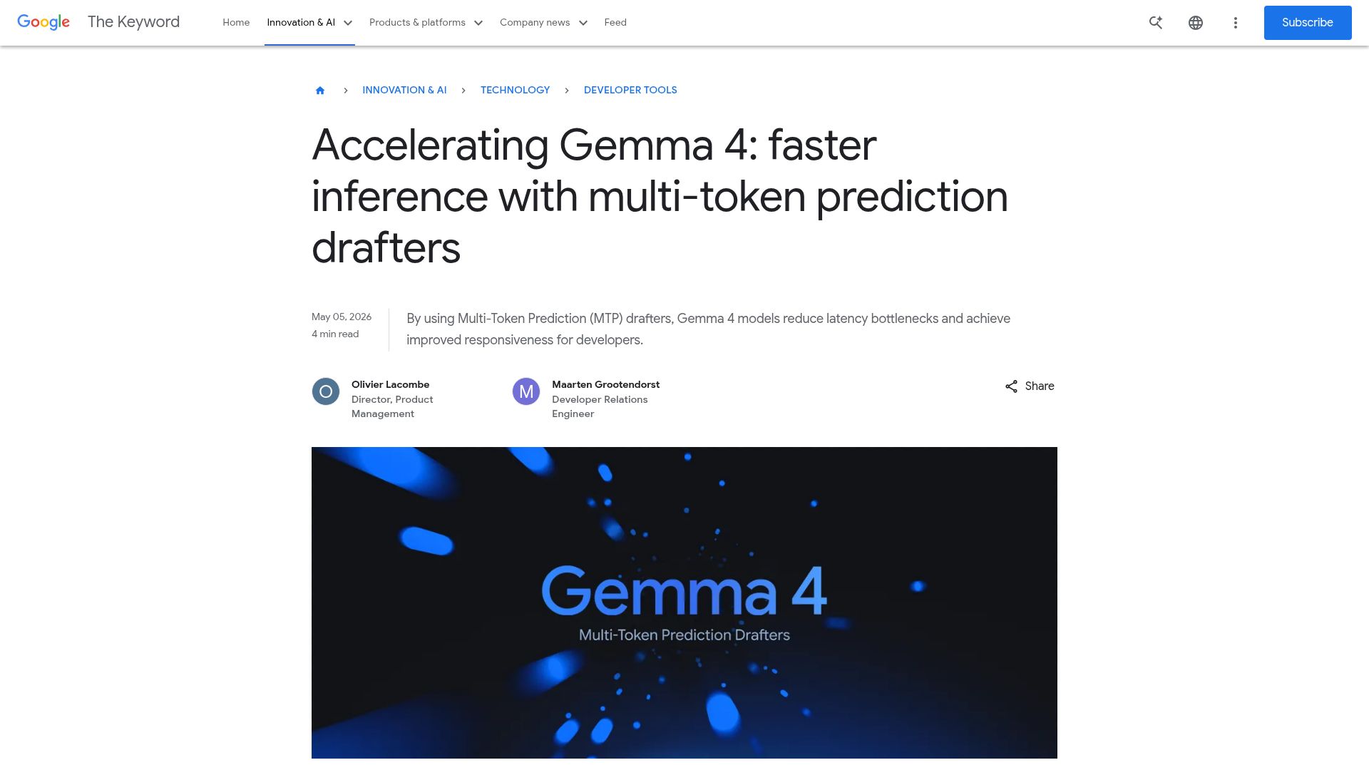 Screenshot of blog.google: Accelerating Gemma 4: faster inference with multi-token prediction drafters