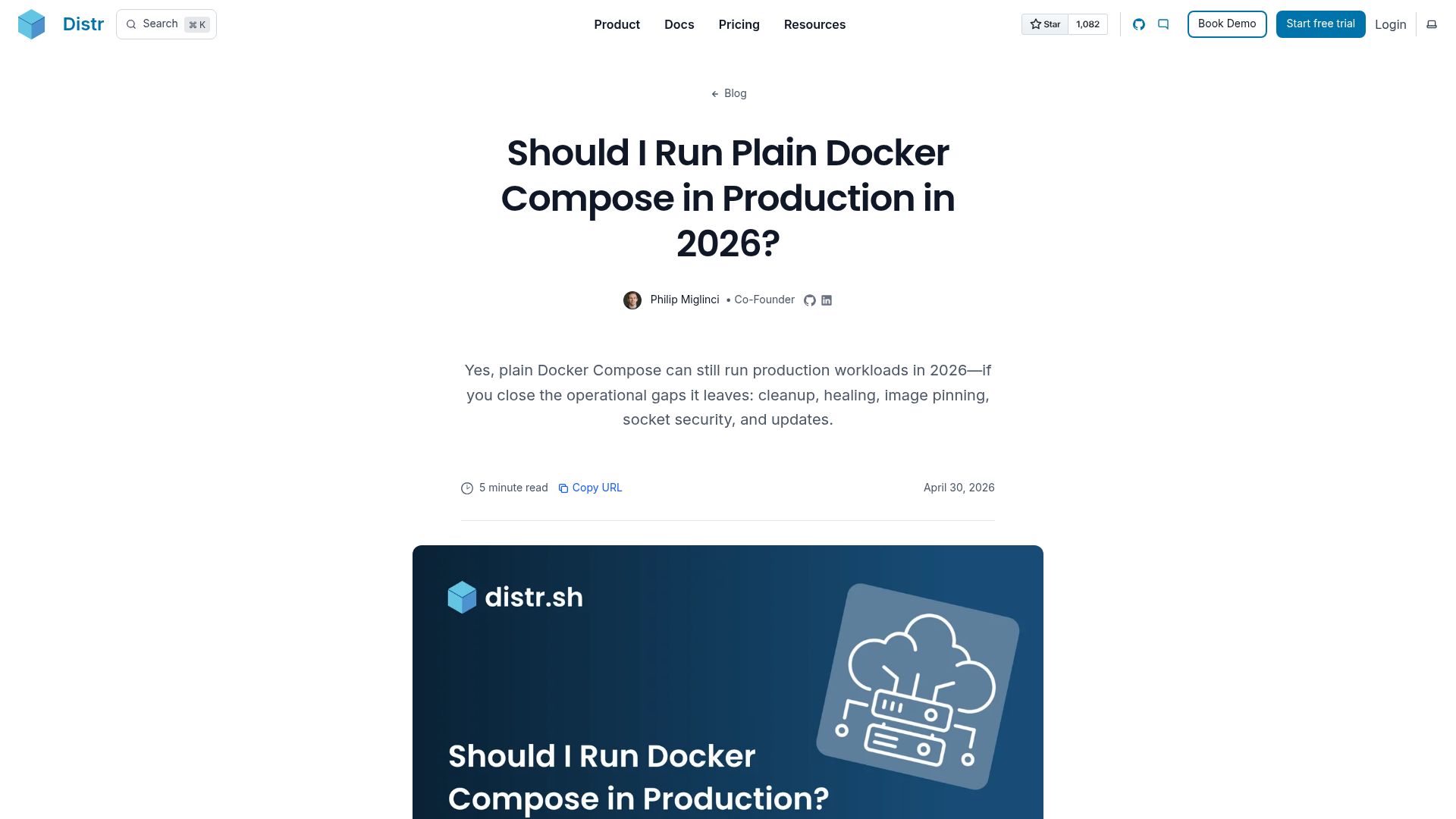 Screenshot of distr.sh: Should I run plain Docker Compose in production in 2026?