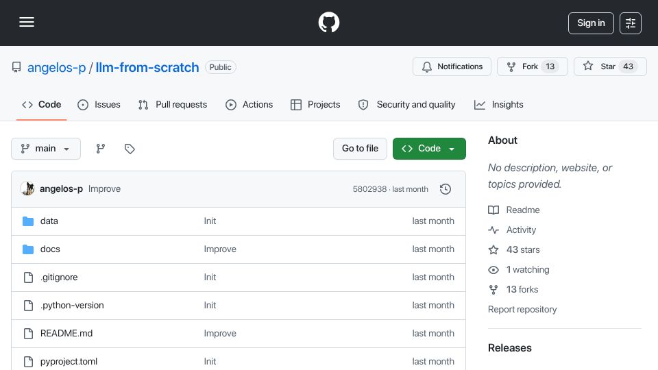 Screenshot of github.com: Train Your Own LLM from Scratch