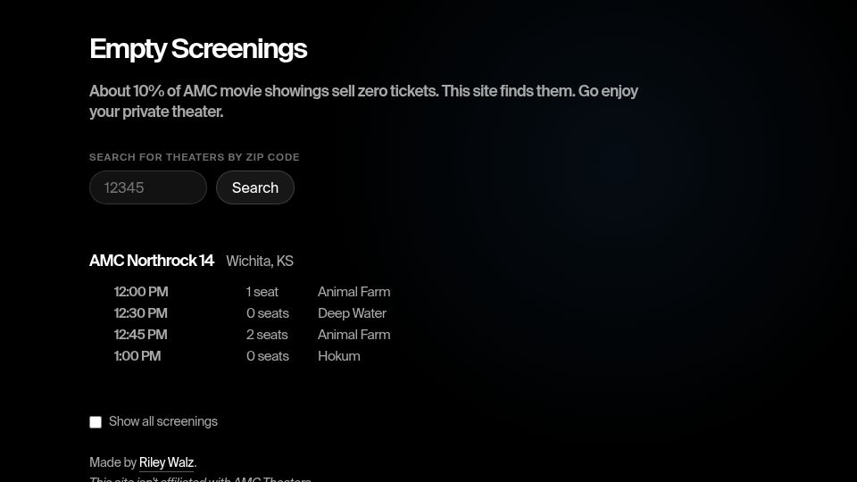Screenshot of walzr.com: Empty Screenings – Finds AMC movie screenings with few or no tickets sold
