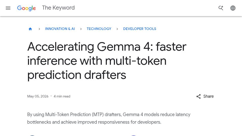 Screenshot of blog.google: Accelerating Gemma 4: faster inference with multi-token prediction drafters