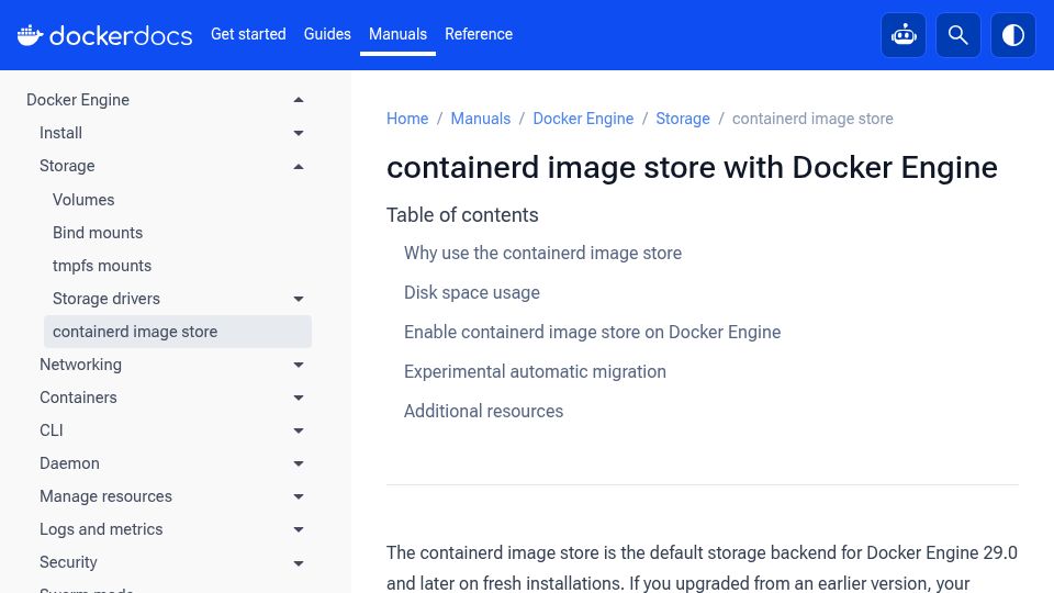 Screenshot of docs.docker.com: Docker 29 has changed its default image store for new installs