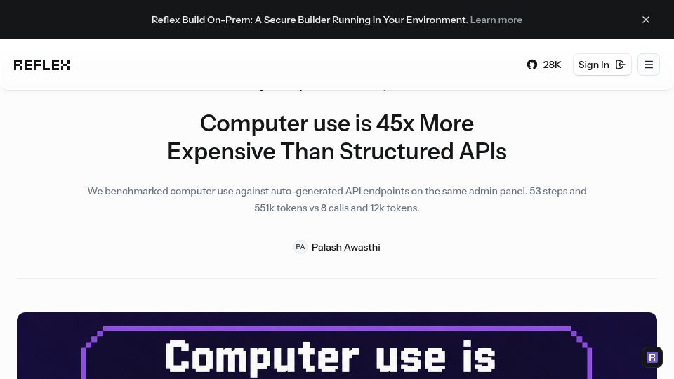 Screenshot of reflex.dev: Computer Use is 45x more expensive than structured APIs