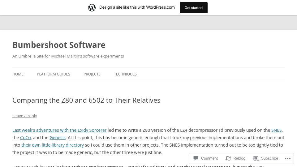 Screenshot of bumbershootsoft.wordpress.com: Comparing the Z80 and 6502 to Their Relatives