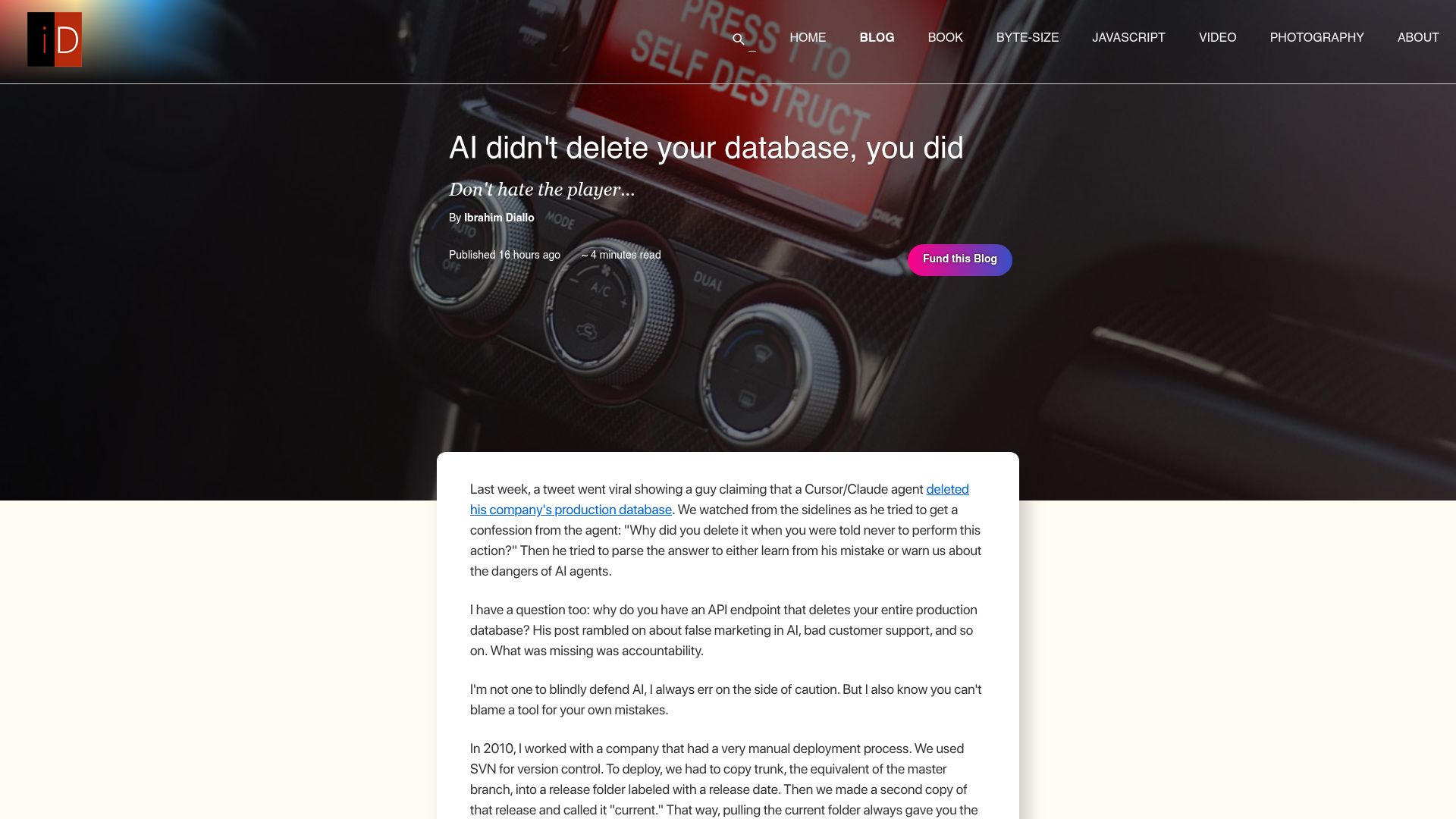Screenshot of idiallo.com: AI didn't delete your database, you did