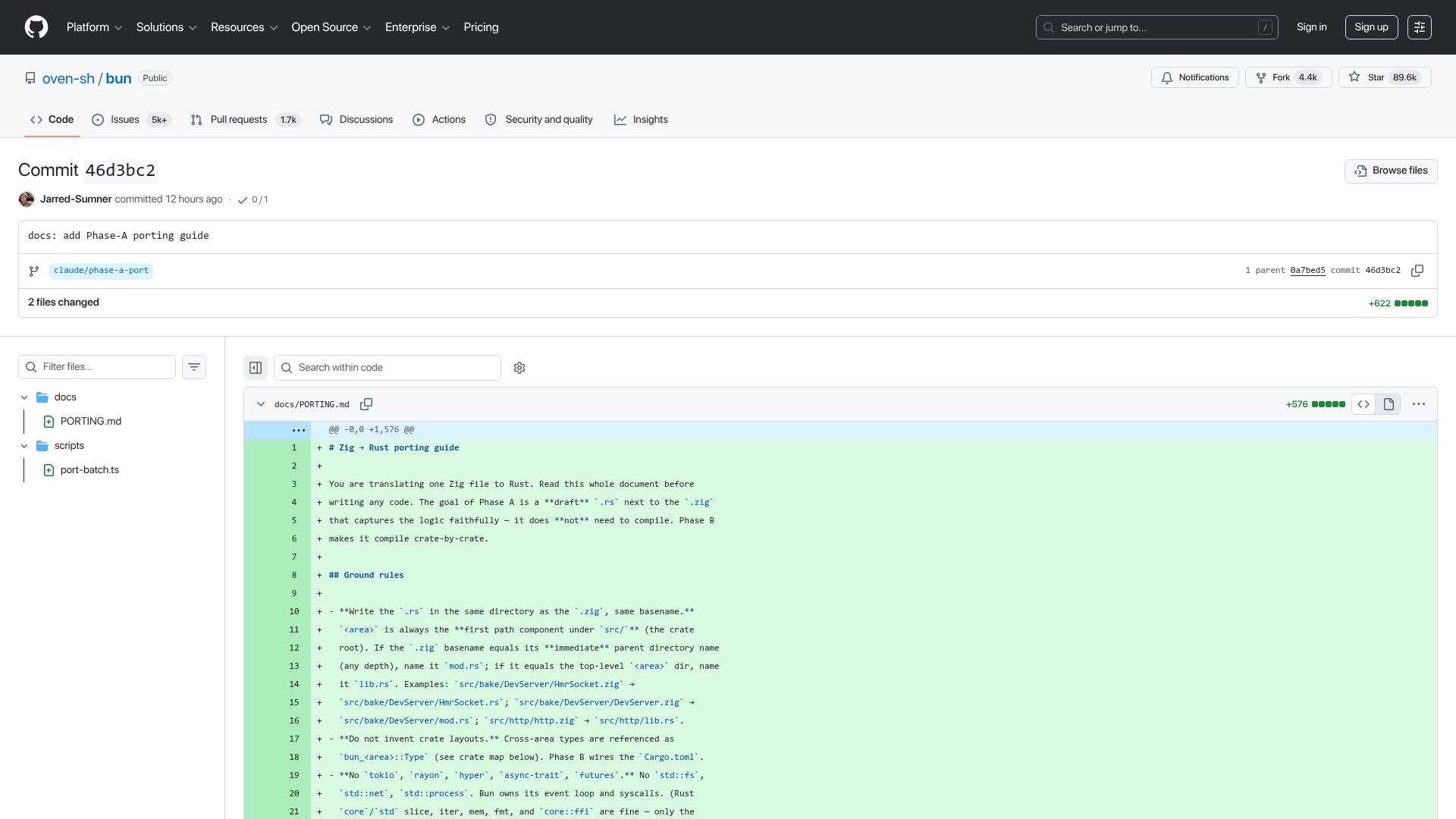 Screenshot of github.com: Bun is being ported from Zig to Rust