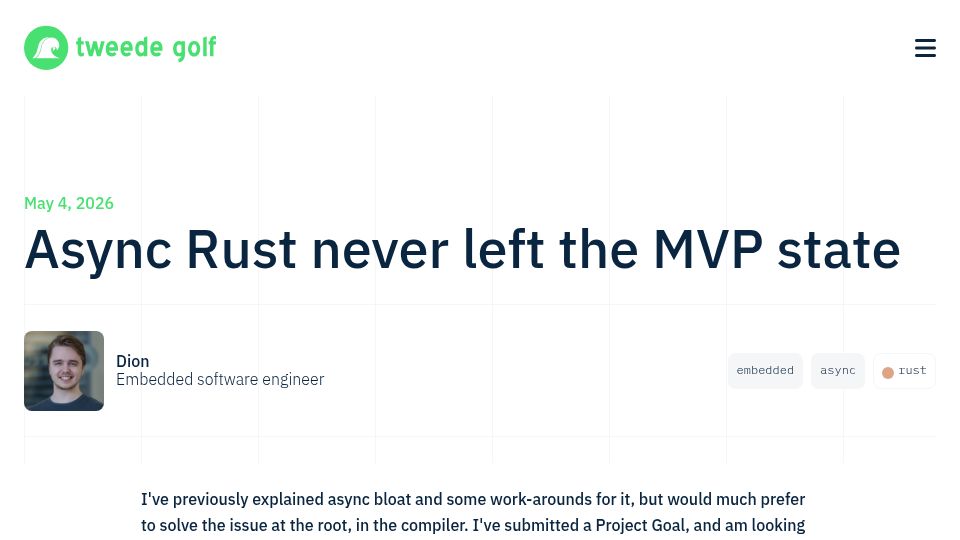 Screenshot of tweedegolf.nl: Async Rust never left the MVP state