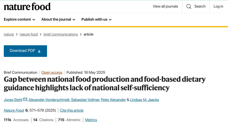 Screenshot of nature.com: Gap between national food production and food-based dietary guidance (2025)