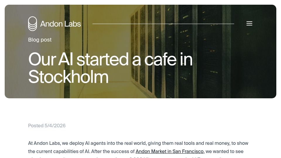 Screenshot of andonlabs.com: Our AI started a cafe in Stockholm