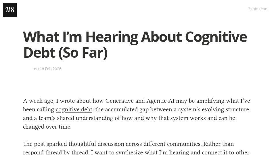 Screenshot of margaretstorey.com: What I'm Hearing About Cognitive Debt (So Far)