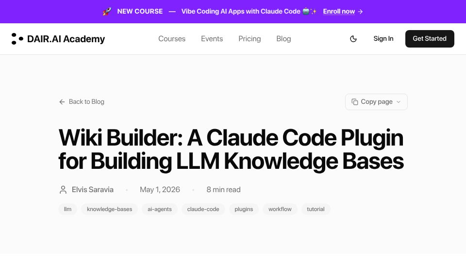 Screenshot of academy.dair.ai: Wiki Builder: Skill to Build LLM Knowledge Bases