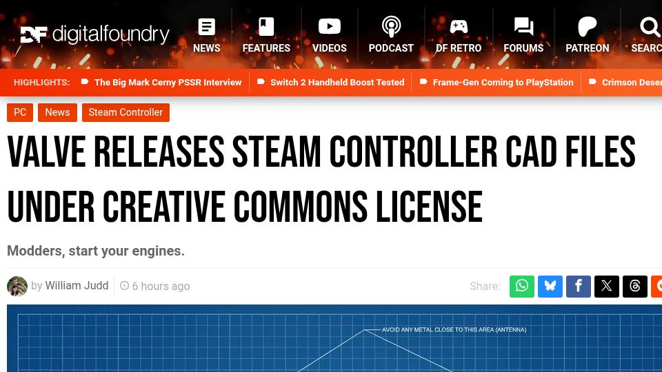 Screenshot of digitalfoundry.net: Valve releases Steam Controller CAD files under Creative Commons license