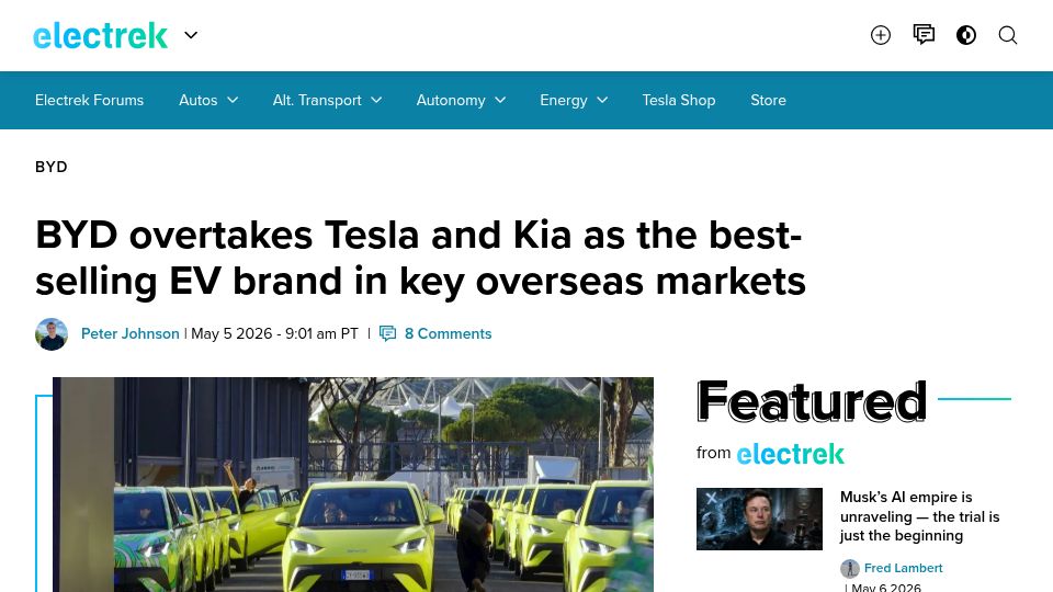 Screenshot of electrek.co: BYD overtakes Tesla and Kia as the best-selling EV brand in key overseas markets