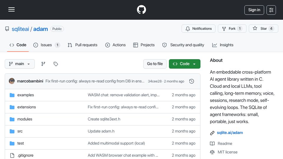 Screenshot of github.com: Show HN: Adam – An embeddable cross-platform AI agent library