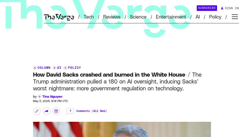 Screenshot of theverge.com: David Sacks crashed and burned in the White House