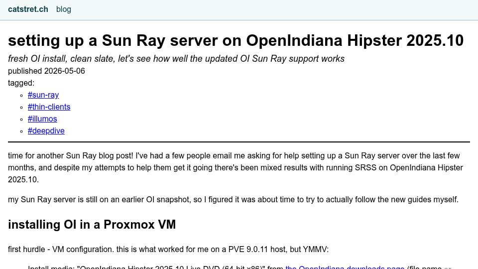 Screenshot of catstret.ch: Setting up a Sun Ray server on OpenIndiana Hipster 2025.10
